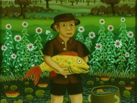 Josip Generalić, 1984, Ribič sa žutom ribom (Fisherman with yellow fish), ulje na staklu (oil on glass)
