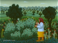 Josip Generalic, 1985, Berba malina (Picking raspberries), ulje na staklu (oil on glass)