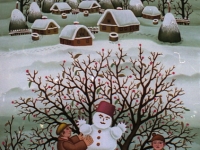 Josip Generalic, 1985, Gradnja snjegovica (Making a snowman), ulje na staklu (oil on glass)