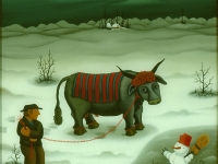 Josip Generalic, 1985, Krava u zimi (Cow in winter), ulje na staklu (oil on glass), 63x59 cm