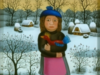 Josip Generalic, 1987, Djevojcica s pticom (Girl with a bird), ulje na staklu (oil on glass)