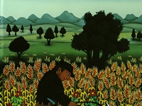 Josip Generalić, 1987, Košnja žita (Mowing the hay), ulje na staklu (oil on glass), 45x30 cm