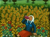 Josip Generalić, 1987, Žena pije (Woman drinking), ulje na staklu (oil on glass)