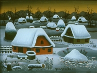 Josip Generalic, 1987, Zima s kucama (Winter with houses), ulje na staklu (oil on glass)