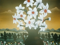 Josip Generalic, 1988, Bijelo cvijece (White flowers), ulje na staklu (oil on glass)
