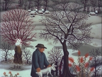 Josip Generalic, 1988, Lovac sa zecom (Hunter with a rabbit), ulje na staklu (oil on glass)