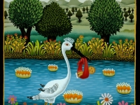 Josip Generalic, 1988, Roda nosi djevojcicu (A stork carrying a girl), ulje na staklu (oil on glass)
