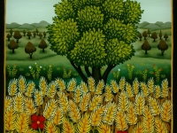 Josip Generalić, 1988, Žitno polje (Hay field), ulje na staklu (oil on glass)