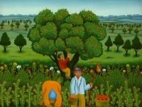 Josip Generalic, 1989, Berba jabuka (Picking the apples), ulje na staklu (oil on glass)