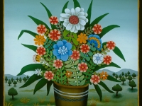 Josip Generalić, 1989, Cvijeće u pejzažu (Flowers with landscape), ulje na staklu (oil on glass)