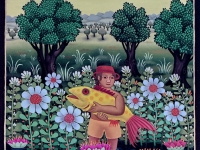 Josip Generalić, 1989, Ribič sa žutom ribom (Fisherman with yellow fish), ulje na staklu (oil on glass)