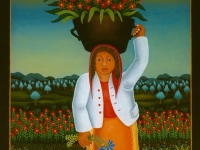 Josip Generalić, 1989, Žena s cvijećem (Woman with flowers), ulje na staklu (oil on glass)