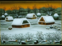 Josip Generalic, 1989, Zima s cetiri kuce (Winter with four houses), ulje na staklu (oil on glass)
