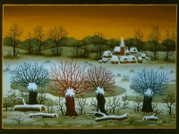 Josip Generalic, 1989, Zima s vrbama (Winter with willows), ulje na staklu (oil on glass)