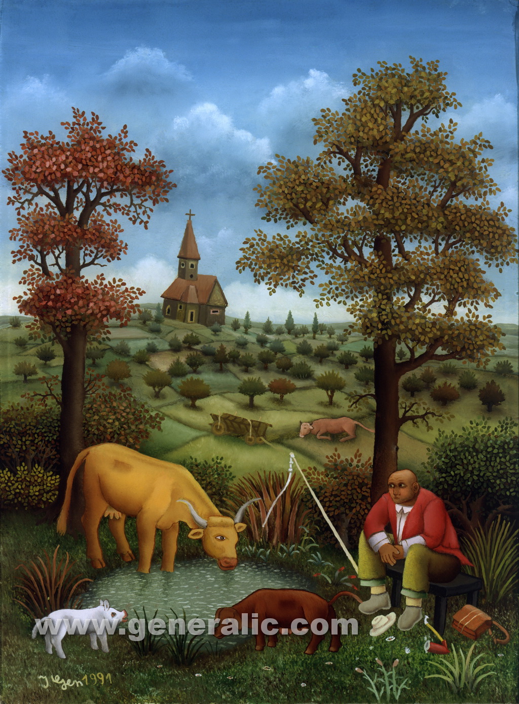 Ivan Generalic, 1991, Watching the cows, oil on glass