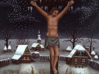 Ivan Generalić, 1990, Isus na križu (Jesus on a cross), ulje na staklu (oil on glass)