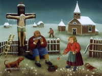 Ivan Generalic, 1990, Prosjak s harmonikom (Beggar with harmonica), ulje na staklu (oil on glass)