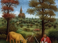 Ivan Generalic, 1991, Cuvanje krava (Watching the cows), ulje na staklu (oil on glass)