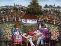 Ivan Generalic, 1991, Objed u vinogradu (Lunch in a vineyard), ulje na staklu (oil on glass)