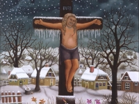 Ivan Generalić, 1992, Isus na križu (Jesus on the cross), ulje na staklu (oil on glass)