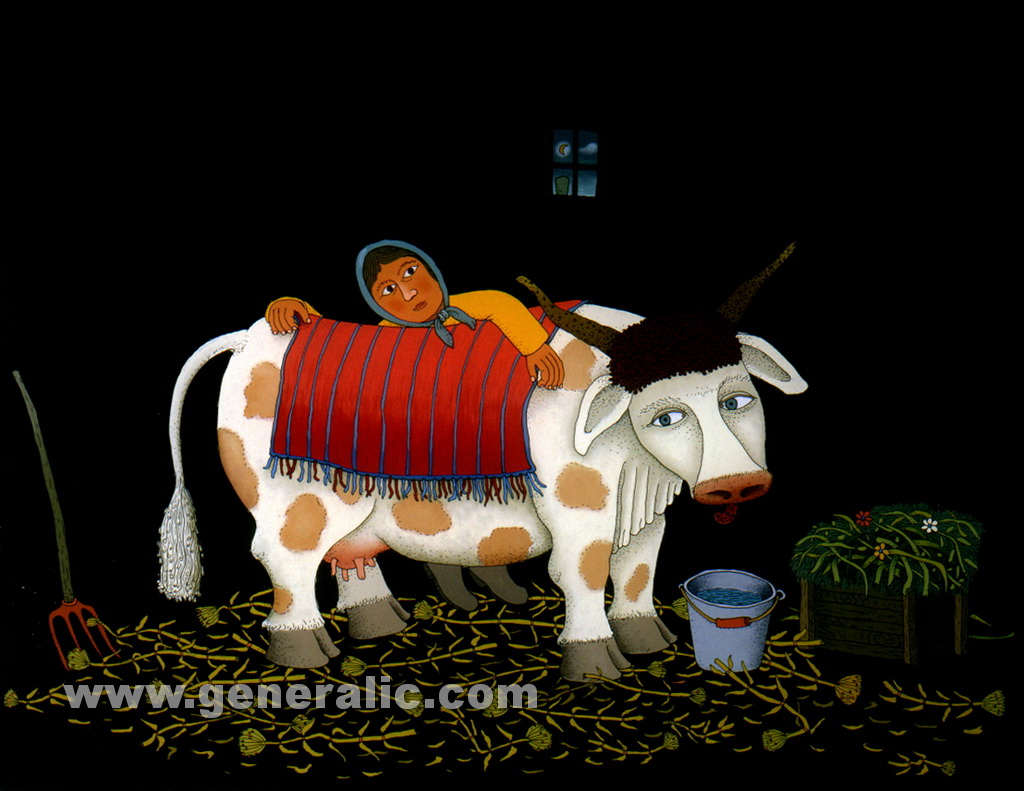 Josip Generalic, 1990, Thirsty cow, oil on glass