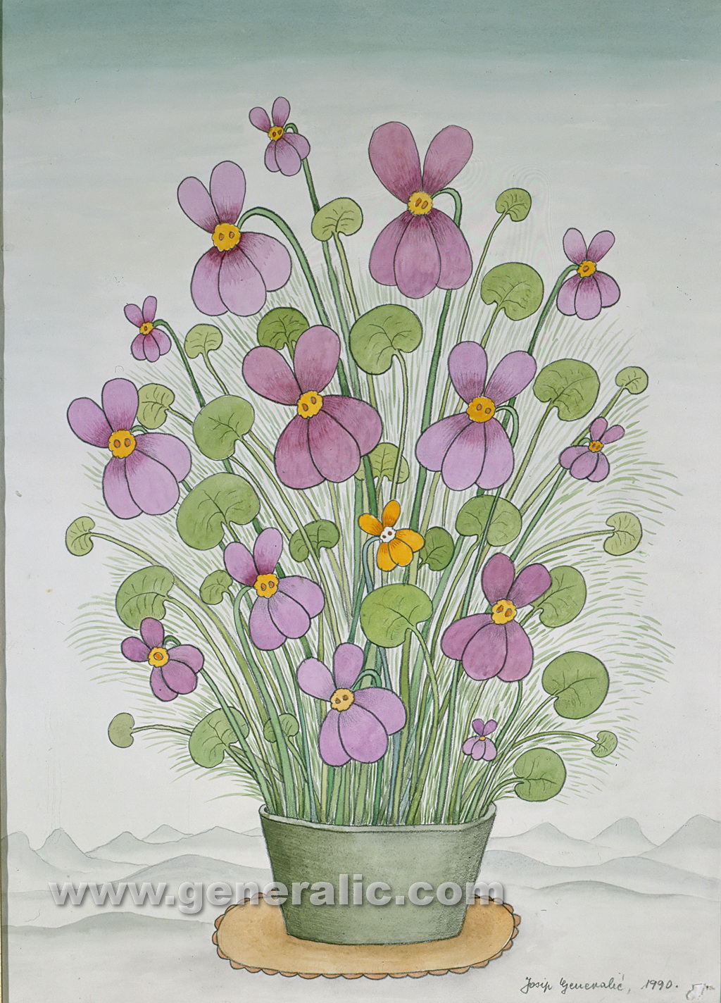 Josip Generalic, 1990, Violets, watercolour
