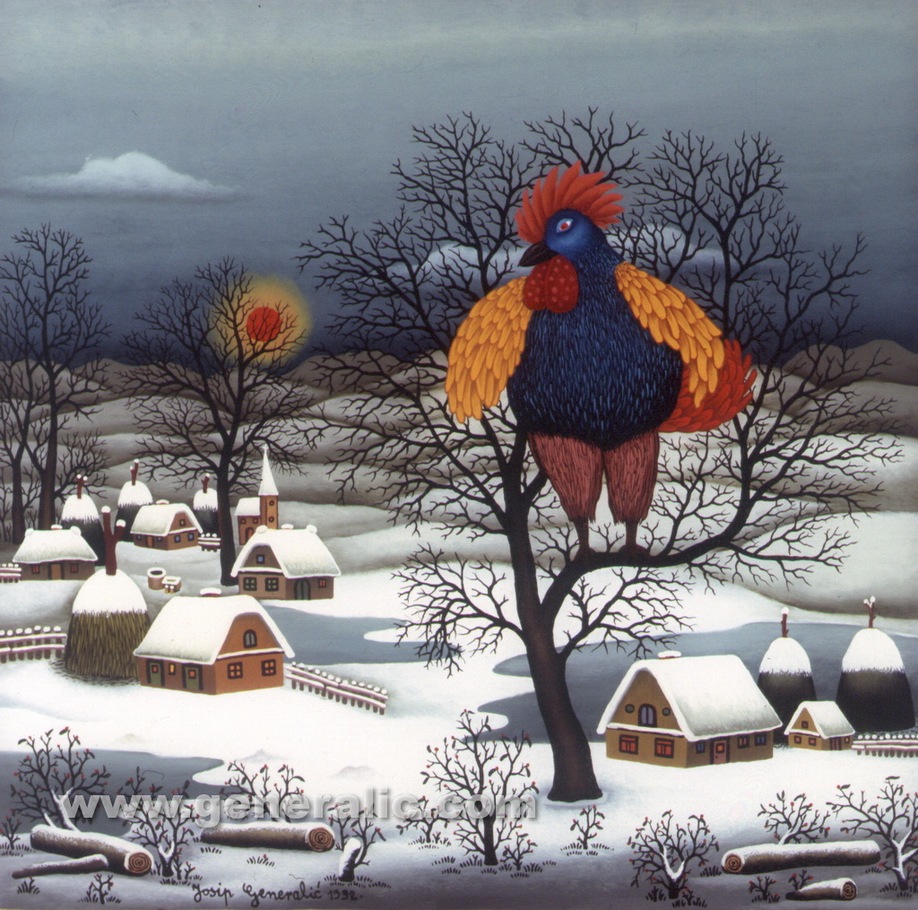 Josip Generalic, 1992, Rooster in Hlebine, oil on glass