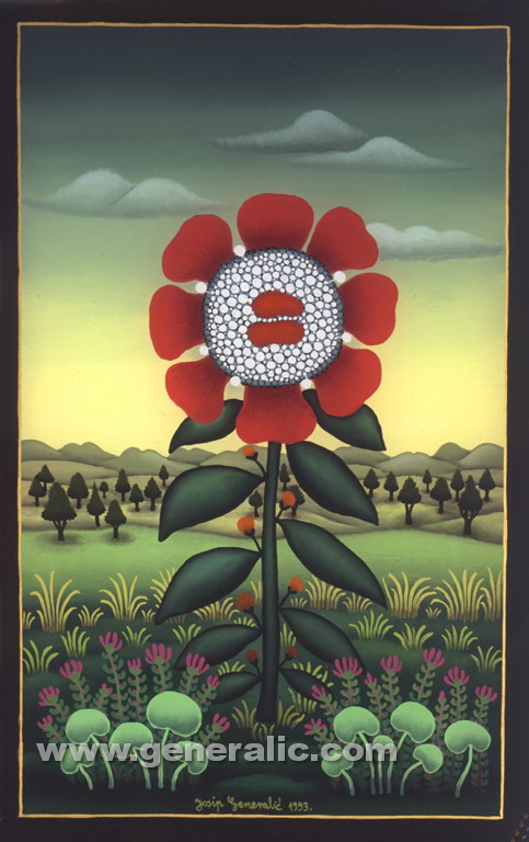 Josip Generalic, 1993, Red flower, oil on glass