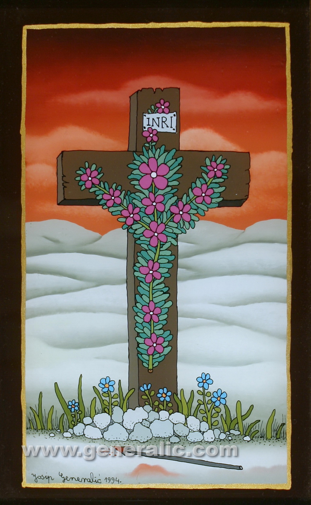 Josip Generalic, 1994, Flower cross, oil on glass, 26x17 cm