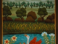 Josip Generalic, 1990, Labud s crvenim krilima (Swan with red wings), ulje na staklu (oil on glass)