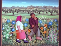 Josip Generalic, 1990, Povratak s polja (Return from fieldwork), ulje na staklu (oil on glass)