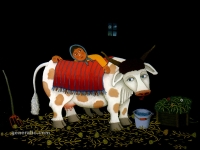 Josip Generalić, 1990, Žedna krava (Thirsty cow), ulje na staklu (oil on glass)