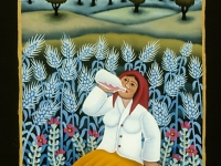 Josip Generalić, 1991, Žena pije (Woman is drinking), ulje na staklu (oil on glass)