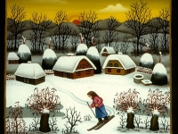 Josip Generalić, 1991, Žena skija (Woman skiing), ulje na staklu (oil on glass)