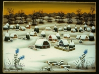 Josip Generalic, 1991, Zima s plavim cvijecem (Winter with blue flowers), ulje na staklu (oil on glass)