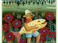 Josip Generalić, 1991, Žuta riba (Yellow fish), ulje na staklu (oil on glass)