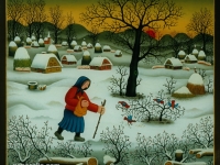 Josip Generalić, 1992, Žena sa štapom (Woman with a stick), ulje na staklu (oil on glass)
