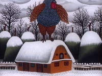 Josip Generalic, 1993, Pijetao na krovu (Rooster on a roof), ulje na staklu (oil on glass)