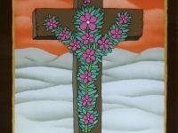 Josip Generalić, 1994, Cvjetni križ (Flower cross), ulje na staklu (oil on glass), 26×17 cm