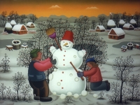 Josip Generalic, 1994, Djeca grade snjegovica (Children making a snowman), ulje na staklu (oil on glass)