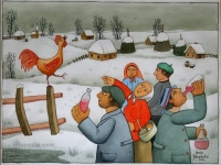 Josip Generalic, 1994, Pijevac gleda zabavu (Rooster watching a party), akvarel watercolour