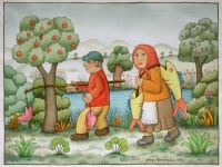 Josip Generalić, 1994, Povratak iz ribolova (Return from fishing), akvarel (watercolour), 40×50 cm 30x40 cm