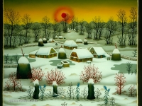 Josip Generalic, 1994, Zima s crvenim suncem (Winter with red sun), ulje na staklu (oil on glass)