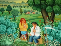 Josip Generalić, 1997, Kosci odmaraju (Mowers are resting), ulje na staklu (oil on glass), 50×50 cm