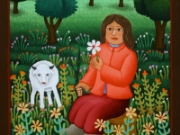 Josip Generalić, 1997, Žena s ovcom (Woman with a sheep), ulje na staklu (oil on glass), 29x17 cm