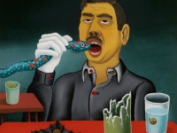 Josip Generalić, 1999, Mađioničar (Illusionist), ulje na staklu (oil on glass), 45×40 cm