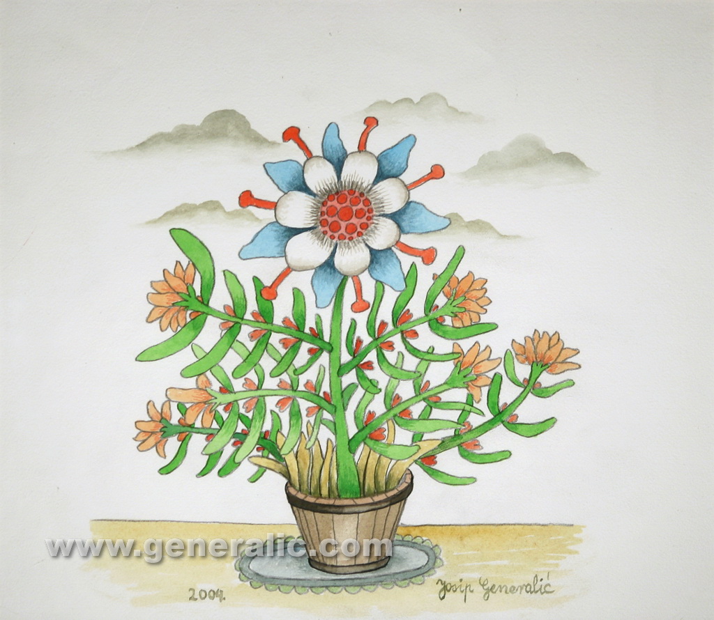 Josip Generalic, 2004, Flowers in a bucket, watercolour, 33x37 cm