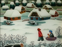 Josip Generalic, 2000, Djeca sa sanjkama (Children with sledge), ulje na staklu (oil on glass), 40x35 cm
