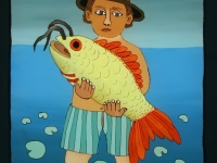 Josip Generalić, 2000, Ribič sa žutom ribom (Man with yellow fish), ulje na staklu (oil on glass), 27x22 19x14 cm