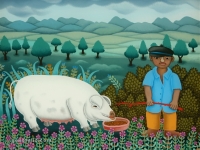 Josip Generalić, 2001, Dječak s bijelom svinjom (Boy with white pig), ulje na staklu (oil on glass), 34×39 cm